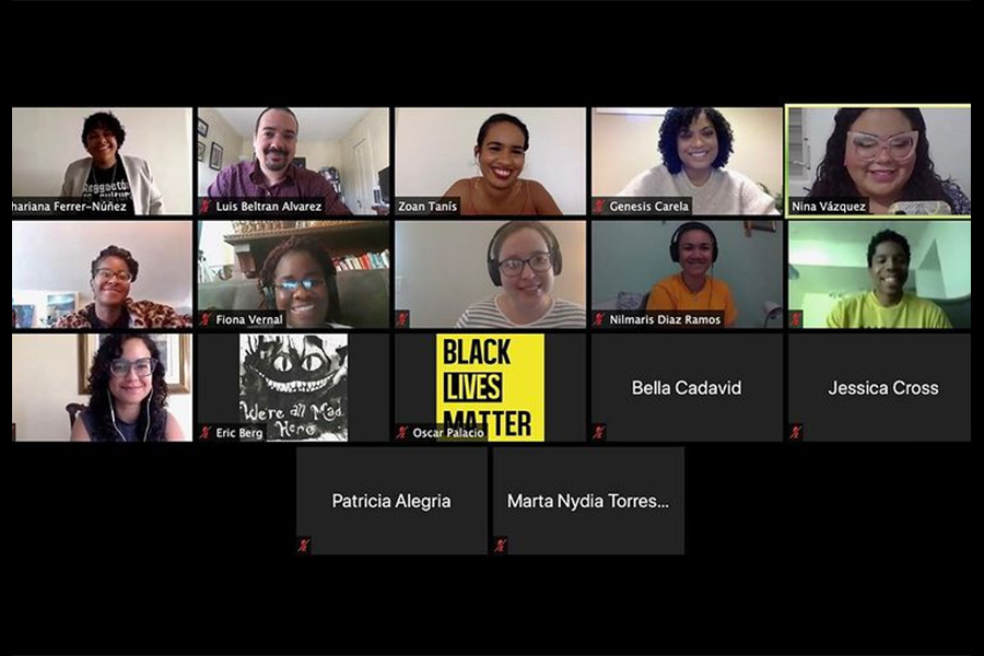 Screen shot of a virtual meeting with more than a dozen diverse participants.