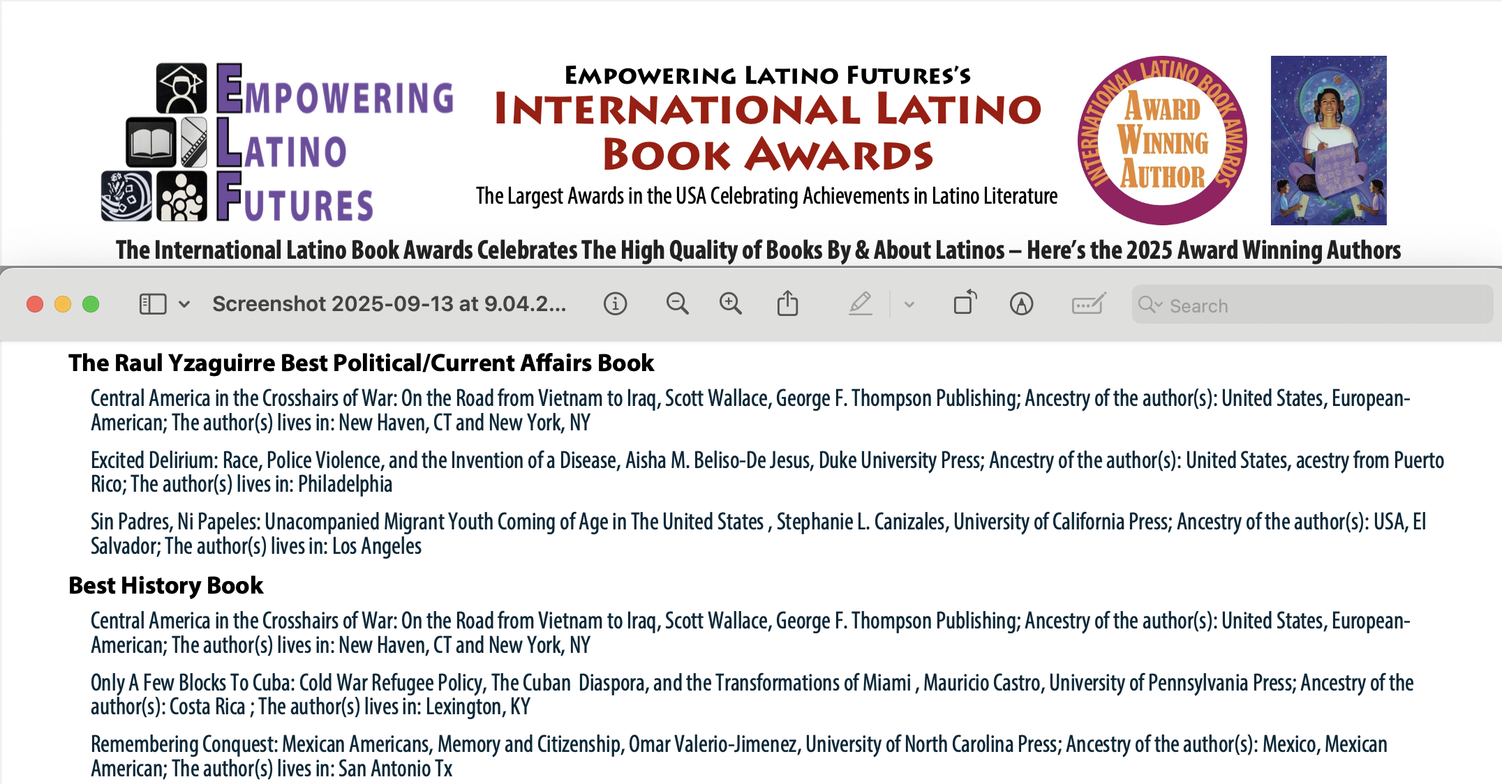 "Screenshot of the International Latino Book Awards page displaying 2025 winners. Includes categories for Political/Current Affairs and History books, with titles, authors, and publishing details. Logos and awards are visible at the top, emphasizing the recognition and celebration of Latino literature achievement.