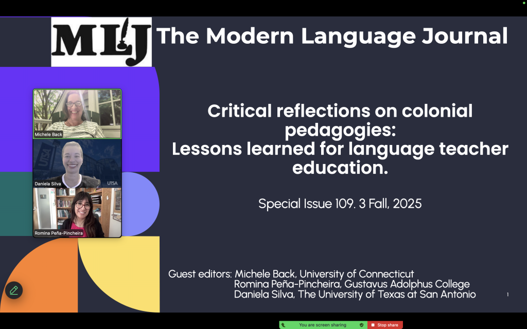 A picture of a PowerPoint title slide for the virtual launch event, The Modern Language Journal, with the three editors; Michele Back, Romina Pena-Pincheira, and Daniela Silva
